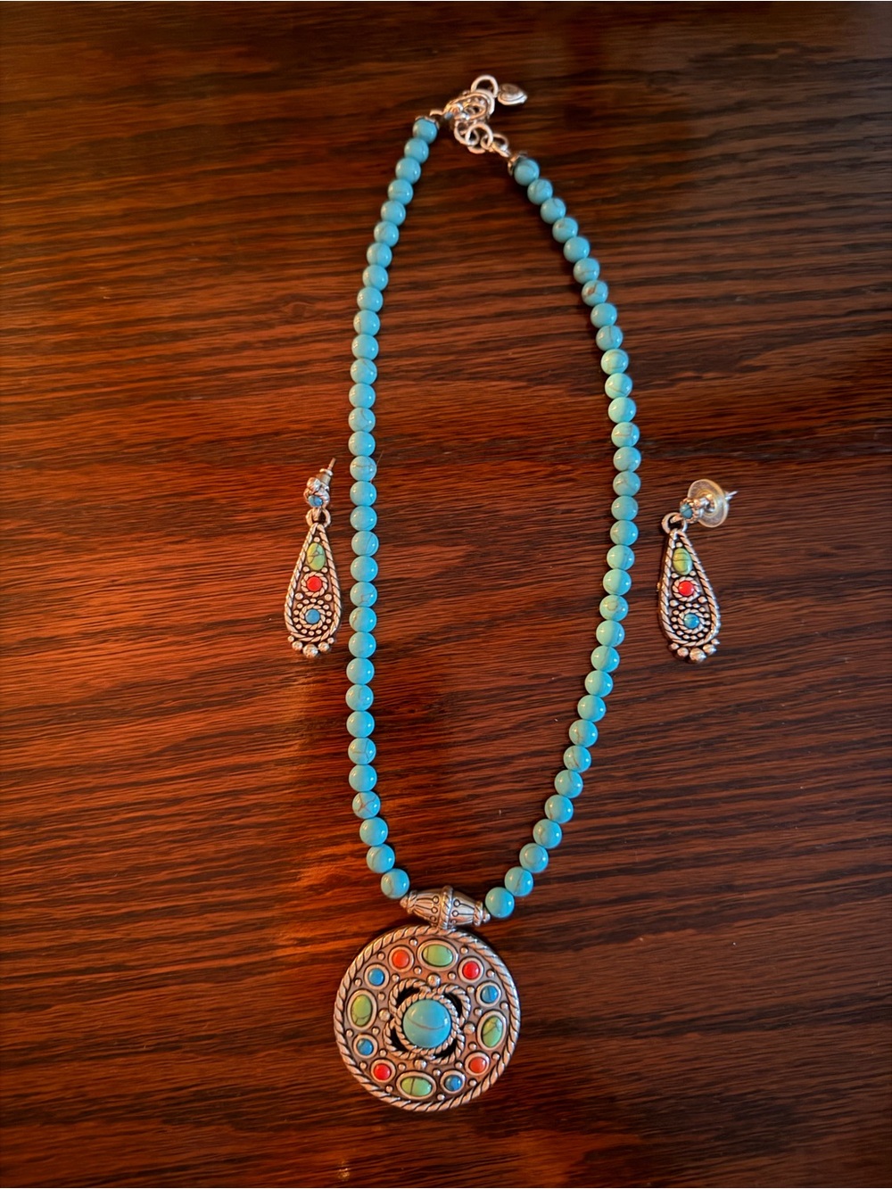 Bright Turquoise Bead Necklace with Multicolor Pendant - Brighton